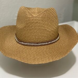 Stylish Tan Straw Hat with Beaded Band